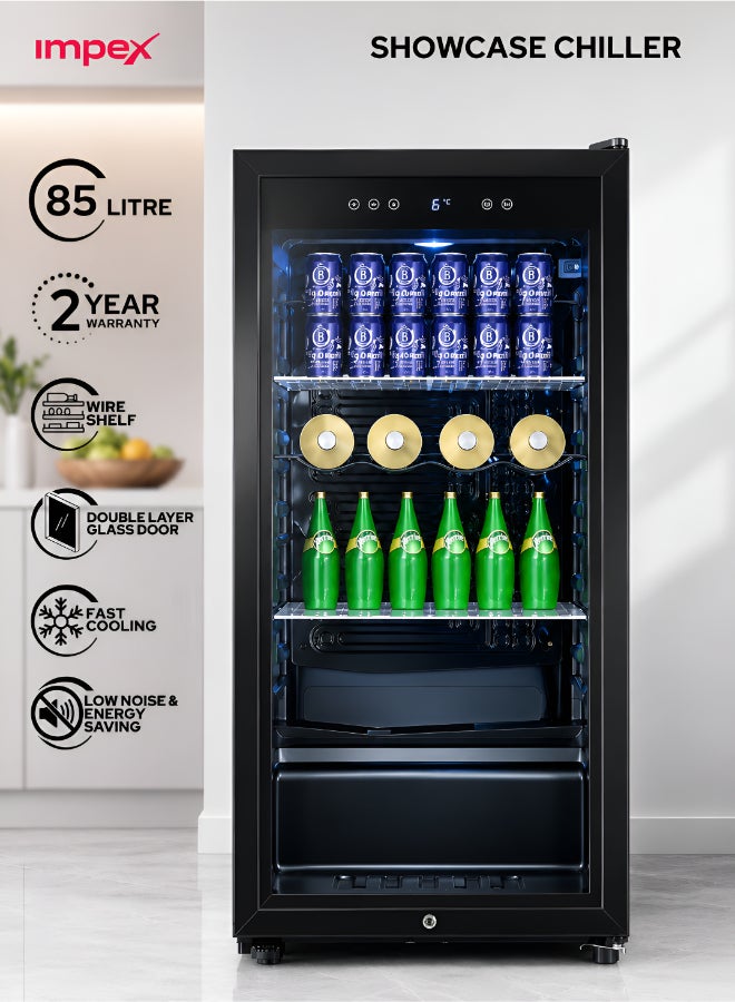 Impex 85 Liters Showcase Chiller Refrigerator with Glass Door, Fast Cooling Mini Display Fridge Showcase Refrigerator, Energy Saving Beverage Cooler, Interior LED Lamp, Child Safety Lock & Key, Adjustable Legs, Low Noise Commercial Cooler 80W, 2 Year Warranty - IMBC100, Black 85 L 80 W IMBC 100 Black - Image 1