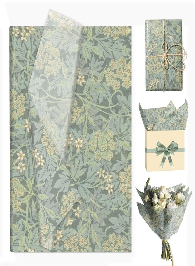 MOZUI 50 Sheets William Morris Tissue Paper - 20 x 14 Inches Green Blue Retro Floral Printed Gift Wrapping Paper, William Morris Botanical Patterns for Wedding Gift Packaging, Bridal Shower Decorations - Image 1