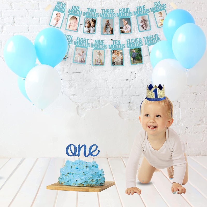 PartyHooman 1st Birthday Photo Banner for Baby from Newborn to 12 Months, First Birthday Decorations for Boys Monthly Milestones Garland | First Photo Banner Pre-strung with Frame (Blue) - Image 5