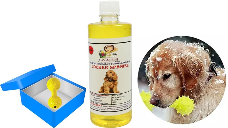 swacch Cocker Spaniel Dog Shampoo + Dumbbell Toy I Durable Rubber Dog Toy for Chewing I Playing,Teeth Cleaning & Training Toy I Combo Pack I 500ml Lemon - Image 1