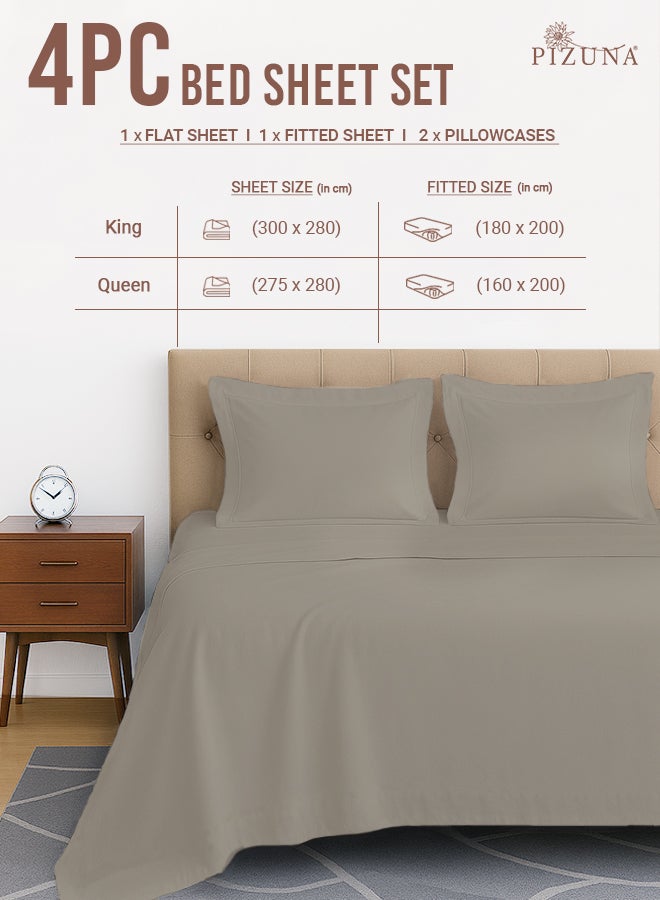 PIZUNA Pure Combed Cotton Bed Sheet Set King Size Simply Taupe, 400 Thread Count Cozy Luxury 100% Long Staple Cotton Sateen Weave Bedsheet Set (1 Flat Sheet, 1 Fitted Sheet, 2 Pillowcases) - Image 3