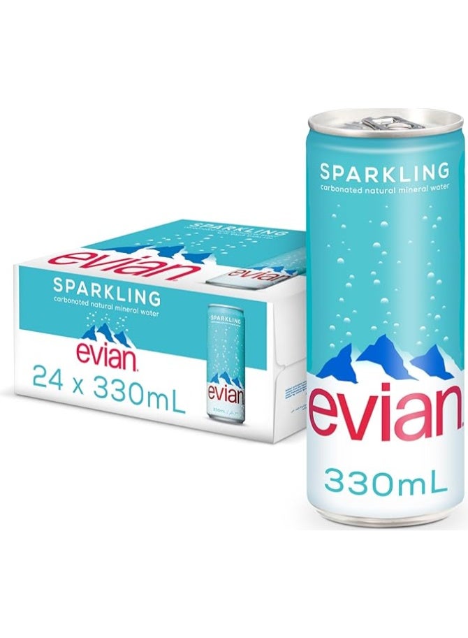 evian Sparkling Water Cans 24x330ml, Awaken Your Senses with Evian Sparkling Water, Sparkling Drinking Water for Maximum Hydration - Image 1