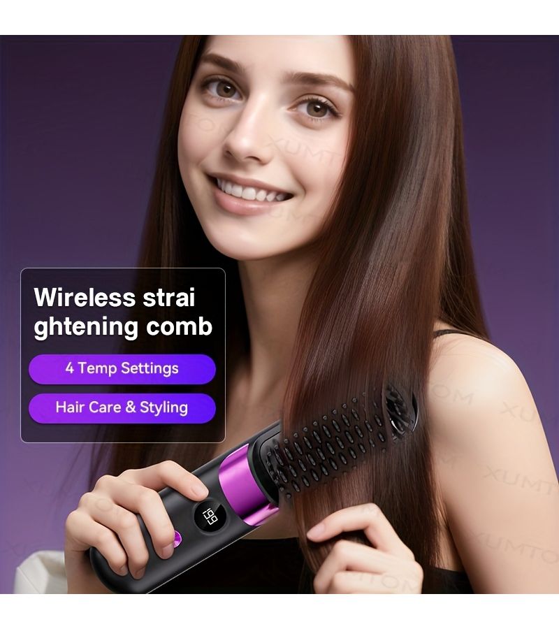 Multifunctional Hair Straightener Brush Curling Iron 4 Level Temperature Adjustment Fast Heating LED Display USB Charging Suitable For Straight And Curly Hair Styling Black - Image 3