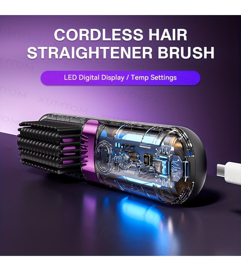 Multifunctional Hair Straightener Brush Curling Iron 4 Level Temperature Adjustment Fast Heating LED Display USB Charging Suitable For Straight And Curly Hair Styling Black - Image 5