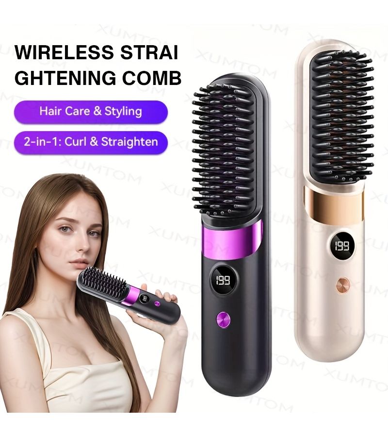Multifunctional Hair Straightener Brush Curling Iron 4 Level Temperature Adjustment Fast Heating LED Display USB Charging Suitable For Straight And Curly Hair Styling Black - Image 4