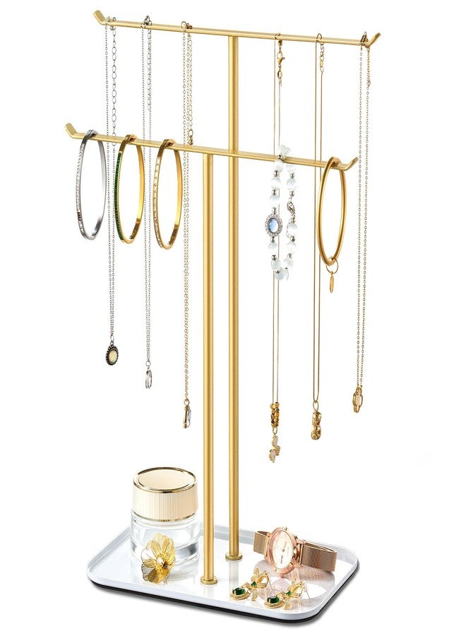 pickpiff Necklace Holder Jewelry Organizer Stand - 2‑Tier T‑Bar Jewelry Display Tree with Tray for Countertop Necklace Bracelet Earring Storage, Vanity Dresser Bathroom Sink, Gold - Image 1