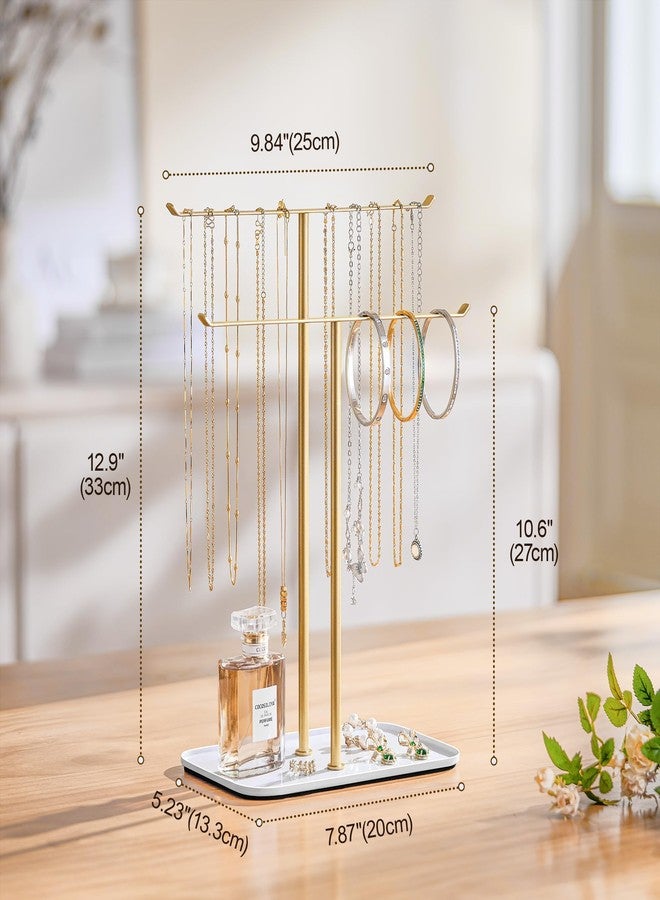 pickpiff Necklace Holder Jewelry Organizer Stand - 2‑Tier T‑Bar Jewelry Display Tree with Tray for Countertop Necklace Bracelet Earring Storage, Vanity Dresser Bathroom Sink, Gold - Image 4