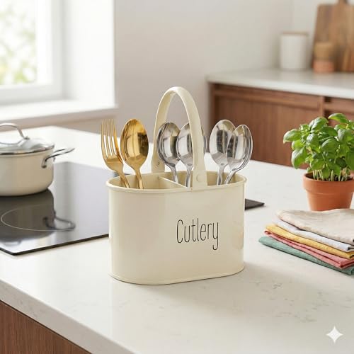 True Decor TrueDecor Oval Cutlery Stand for Kitchen & Dining Table - 3 Compartment Spoon Holder & Knife Organizer - Rust-Proof Galvanized Iron Spoon Stand for Kitchen Steel Countertop & Spatula Ladle Holder - Image 1