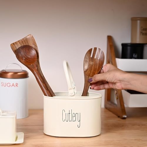 True Decor TrueDecor Oval Cutlery Stand for Kitchen & Dining Table - 3 Compartment Spoon Holder & Knife Organizer - Rust-Proof Galvanized Iron Spoon Stand for Kitchen Steel Countertop & Spatula Ladle Holder - Image 2