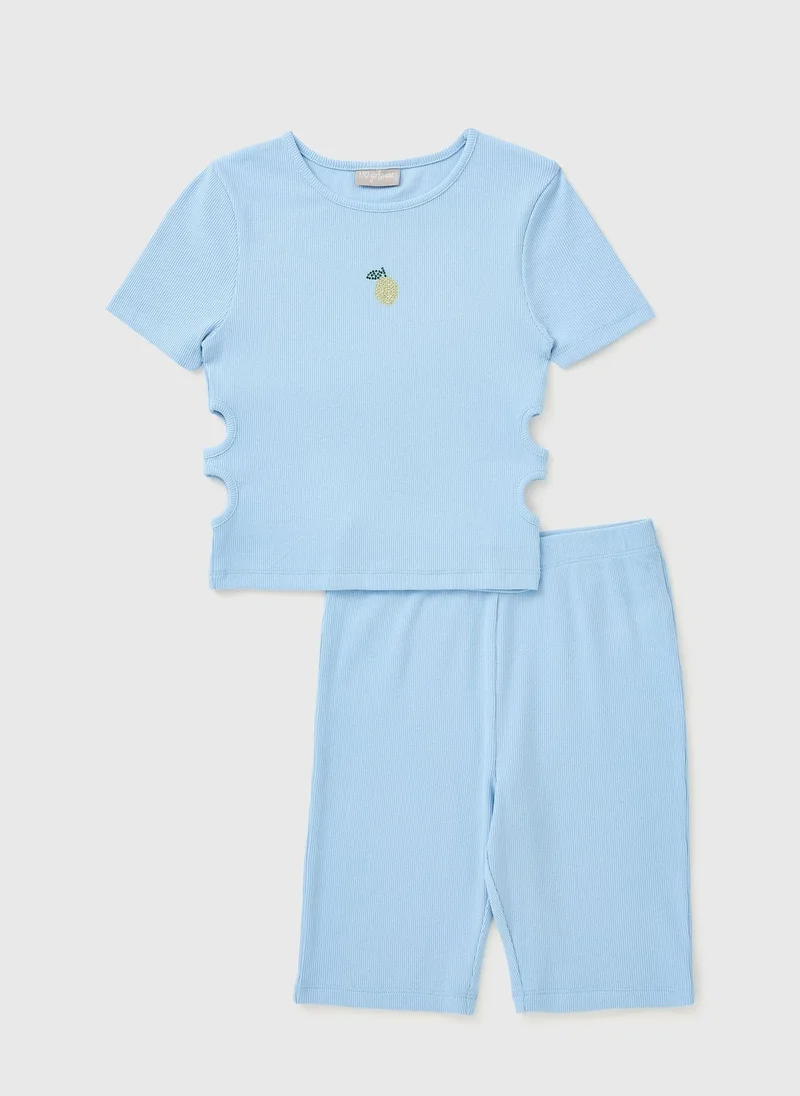 ماتلان Girls Blue Daisy Ribbed Top & Shorts Set