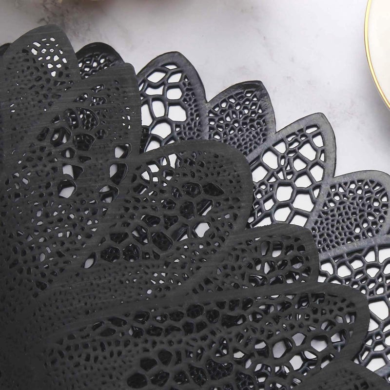 Evevda Placemats for Dining Table Set of 6 Gold Round Hollow Out Table Mats Pressed Metallic Vinyl Plastic Place Mats Table Decoration for Holiday Wedding Accent Centerpiece(Black Flower) - Image 5