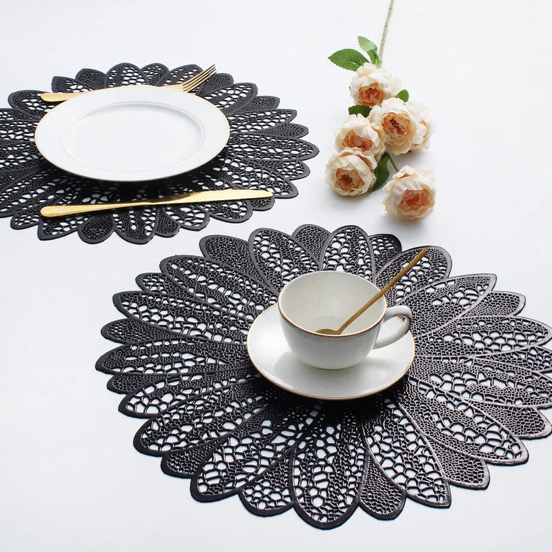Evevda Placemats for Dining Table Set of 6 Gold Round Hollow Out Table Mats Pressed Metallic Vinyl Plastic Place Mats Table Decoration for Holiday Wedding Accent Centerpiece(Black Flower) - Image 3
