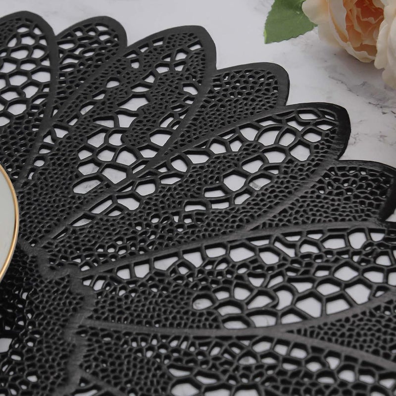 Evevda Placemats for Dining Table Set of 6 Gold Round Hollow Out Table Mats Pressed Metallic Vinyl Plastic Place Mats Table Decoration for Holiday Wedding Accent Centerpiece(Black Flower) - Image 4