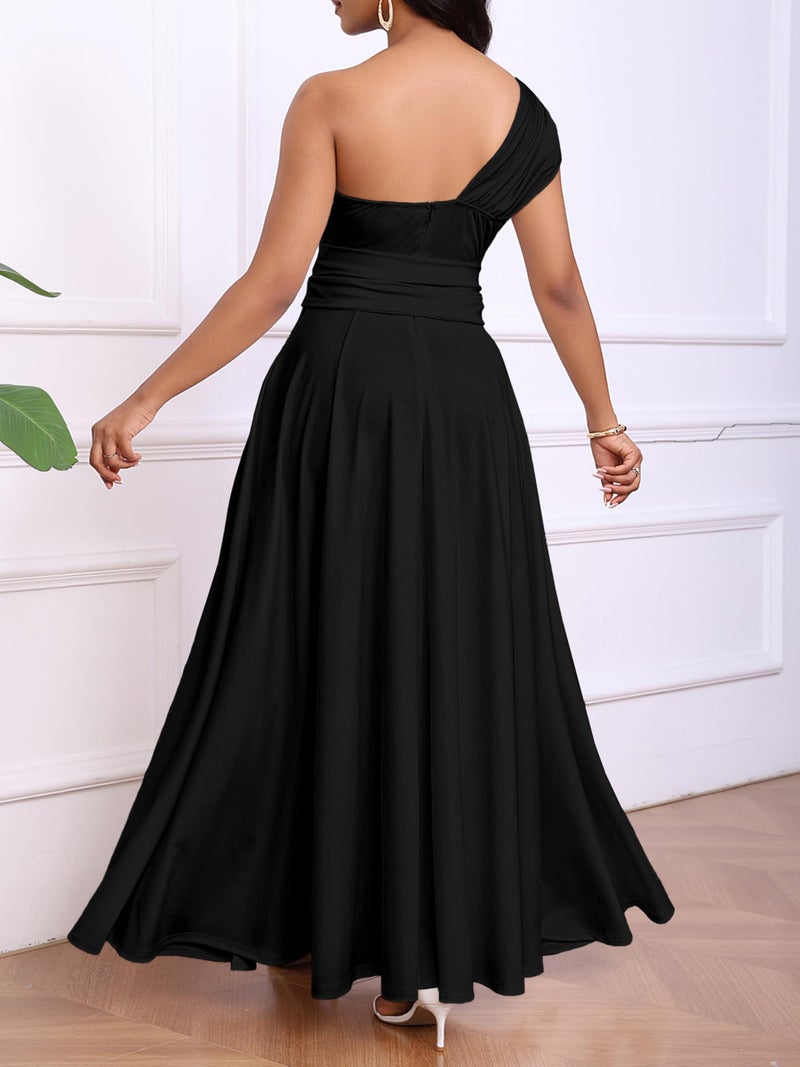 Ekaliy Women's One Shoulder Belted Maxi Dress Long Formal Wedding Guest Dress with Pockets Black XL - Image 3