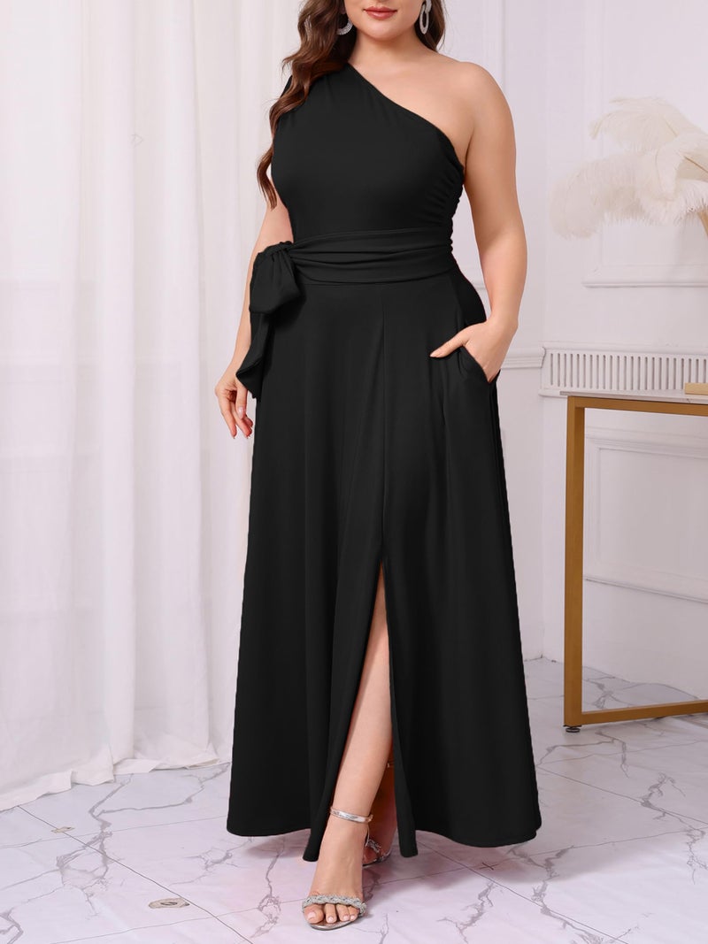 Ekaliy Women's One Shoulder Belted Maxi Dress Long Formal Wedding Guest Dress with Pockets Black XL - Image 4