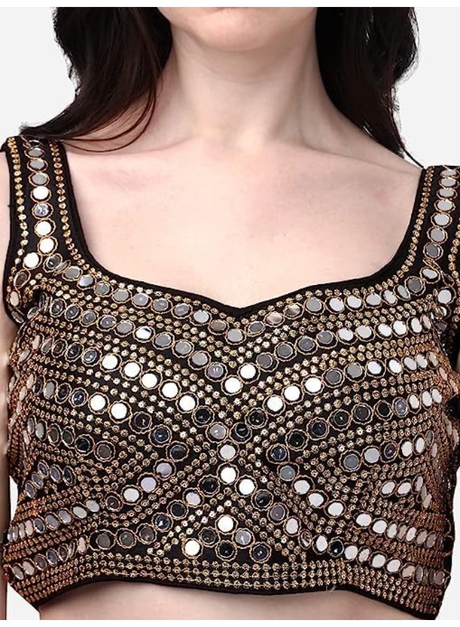 Pujia Mills بلوزة ساري جاهزة من بوجيا ميلز للنساء، مصنوعة من خيوط حرير فانتوم ثقيلة، مزينة بتطريز زاري وترتر وتطريز يدوي بالمرآة الحقيقية (الأكمام متصلة من الداخل). - Image 3