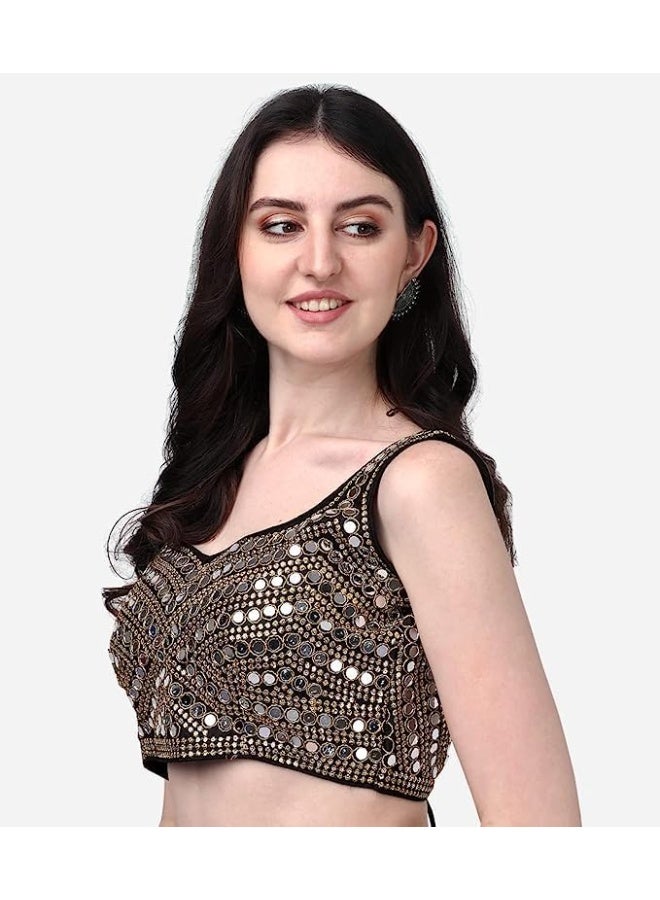 Pujia Mills بلوزة ساري جاهزة من بوجيا ميلز للنساء، مصنوعة من خيوط حرير فانتوم ثقيلة، مزينة بتطريز زاري وترتر وتطريز يدوي بالمرآة الحقيقية (الأكمام متصلة من الداخل). - Image 2