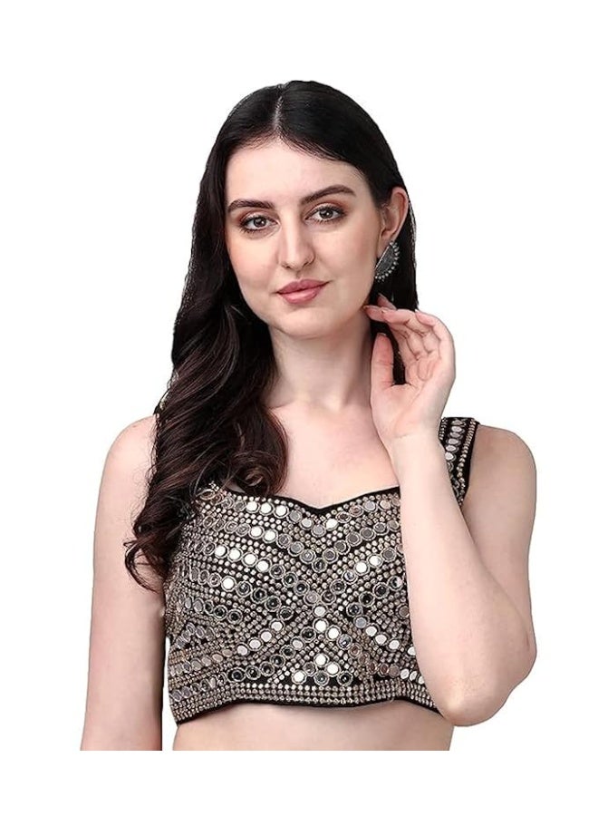 Pujia Mills بلوزة ساري جاهزة من بوجيا ميلز للنساء، مصنوعة من خيوط حرير فانتوم ثقيلة، مزينة بتطريز زاري وترتر وتطريز يدوي بالمرآة الحقيقية (الأكمام متصلة من الداخل). - Image 1