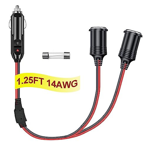 RWUJILONG 12V Cigarette Lighter Socket Splitter 12 Volt Splitter 2 Socket 125FT Car Plug Splitter Cigarette Lighter Splitter Adapter Power Charger Port 14 AWG Cord 20A Fuse 1 Years Warranty - Image 1
