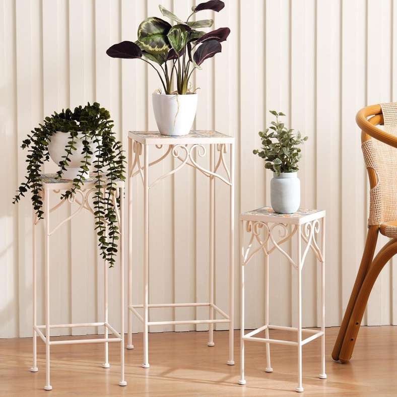 Pan Home مجموعة حوامل نباتات معدنية بيضاء من 3 قطع