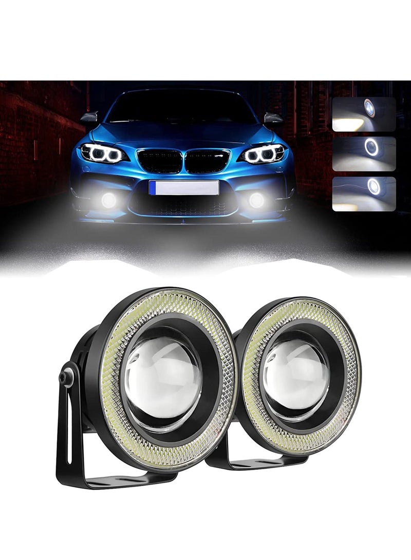 Y&D Car Eye Fog Light, 2PCS Universal Round Cob LED Super Bright with White Halo Rings Headlight, Daytime Running Light Drl Driving Bulb(White)  - Image 1
