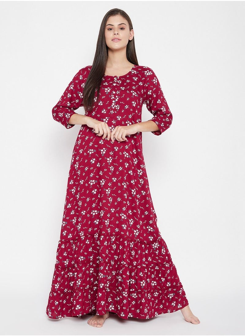 Clovia - Clovia Pretty Florals Long Nighty In Maroon - Cotton Rich - Image 1