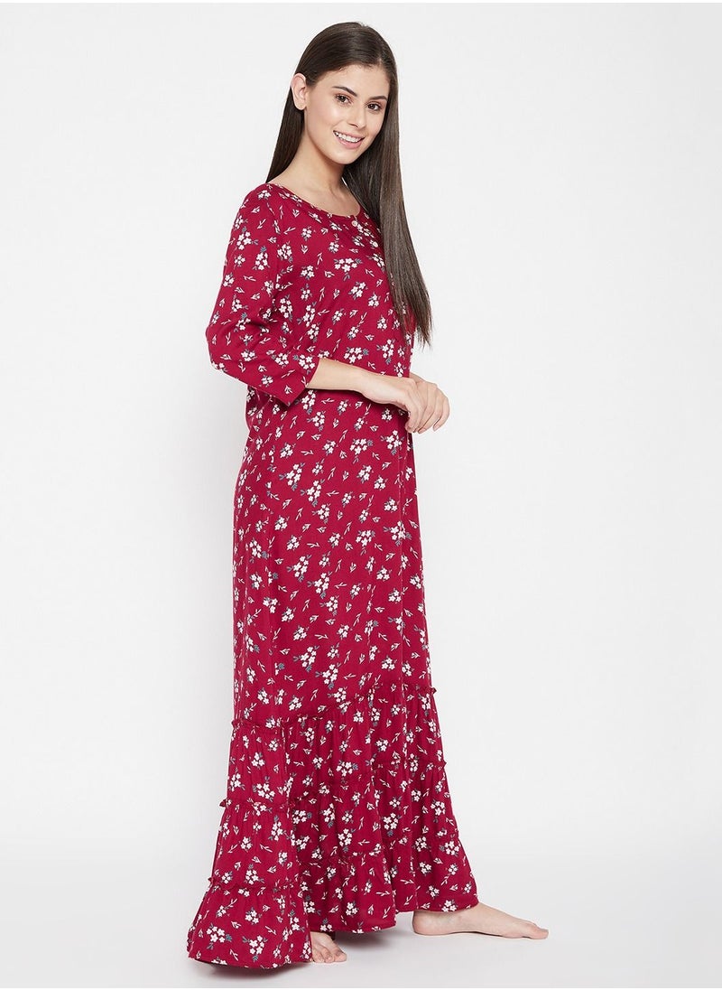 Clovia - Clovia Pretty Florals Long Nighty In Maroon - Cotton Rich - Image 1