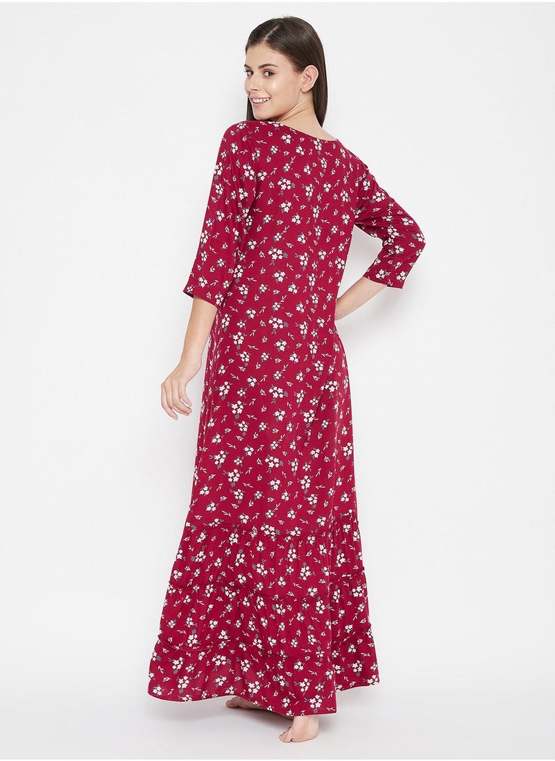 Clovia - Clovia Pretty Florals Long Nighty In Maroon - Cotton Rich - Image 1