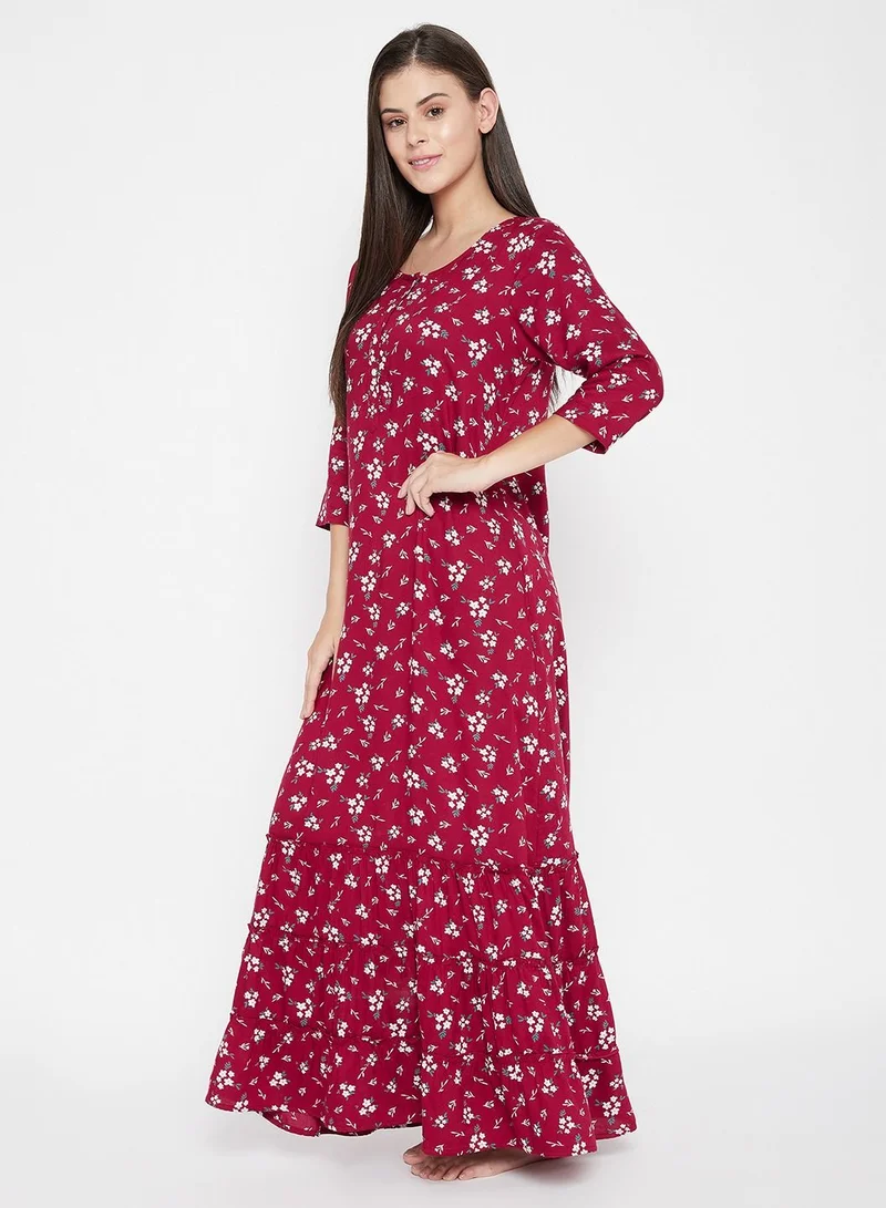 كلوفيا Clovia Pretty Florals Long Nighty In Maroon - Cotton Rich