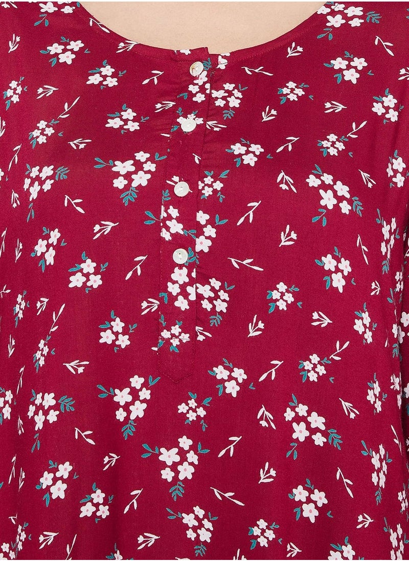 Clovia - Clovia Pretty Florals Long Nighty In Maroon - Cotton Rich - Image 1