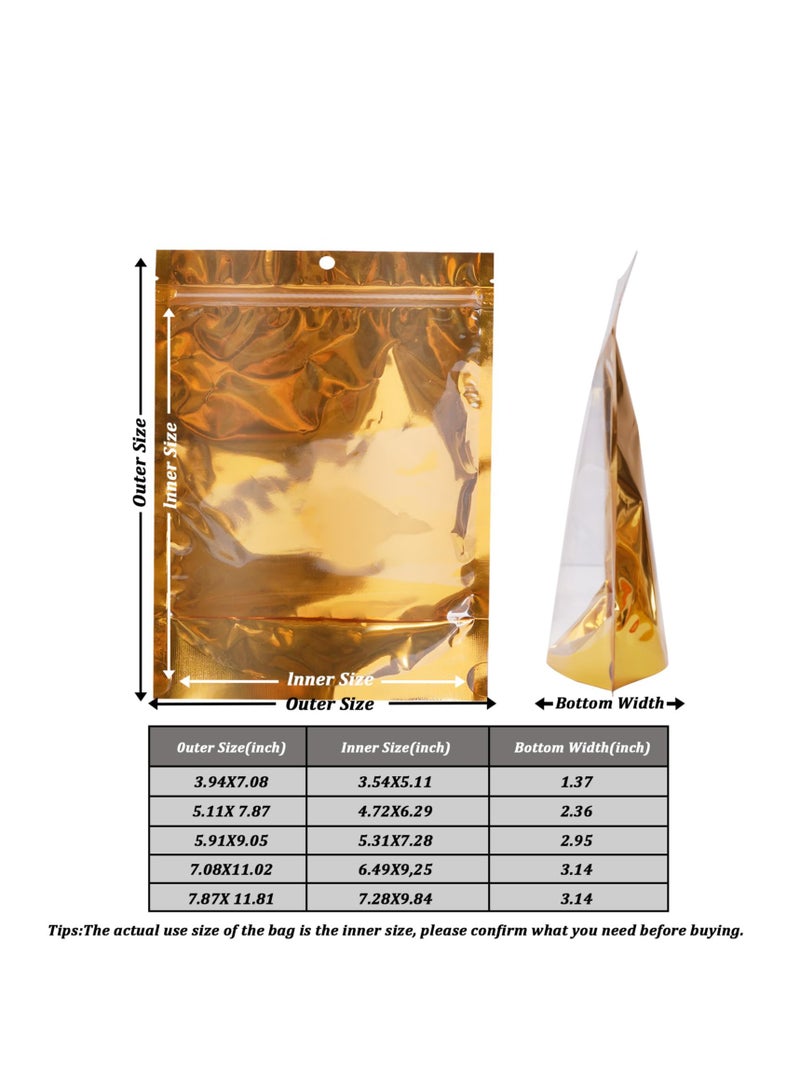 SOLARAE 100 عبوة أكياس مايلار لتخزين الطعام، أكياس ألمنيوم قابلة لإعادة الإغلاق، مع نافذة وثقب للتعليق، أكياس تعبئة طعام قابلة لإعادة الاستخدام مع قفل سحاب للتغليف الحراري للأعمال الصغيرة والمنزل (ذهبي) - Image 3