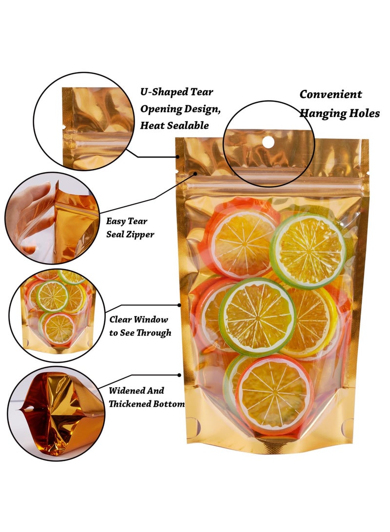 SOLARAE 100 عبوة أكياس مايلار لتخزين الطعام، أكياس ألمنيوم قابلة لإعادة الإغلاق، مع نافذة وثقب للتعليق، أكياس تعبئة طعام قابلة لإعادة الاستخدام مع قفل سحاب للتغليف الحراري للأعمال الصغيرة والمنزل (ذهبي) - Image 2