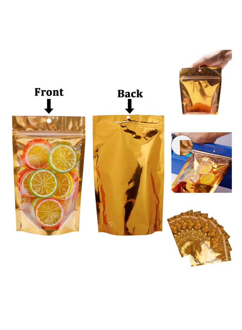 SOLARAE 100 عبوة أكياس مايلار لتخزين الطعام، أكياس ألمنيوم قابلة لإعادة الإغلاق، مع نافذة وثقب للتعليق، أكياس تعبئة طعام قابلة لإعادة الاستخدام مع قفل سحاب للتغليف الحراري للأعمال الصغيرة والمنزل (ذهبي) - Image 4