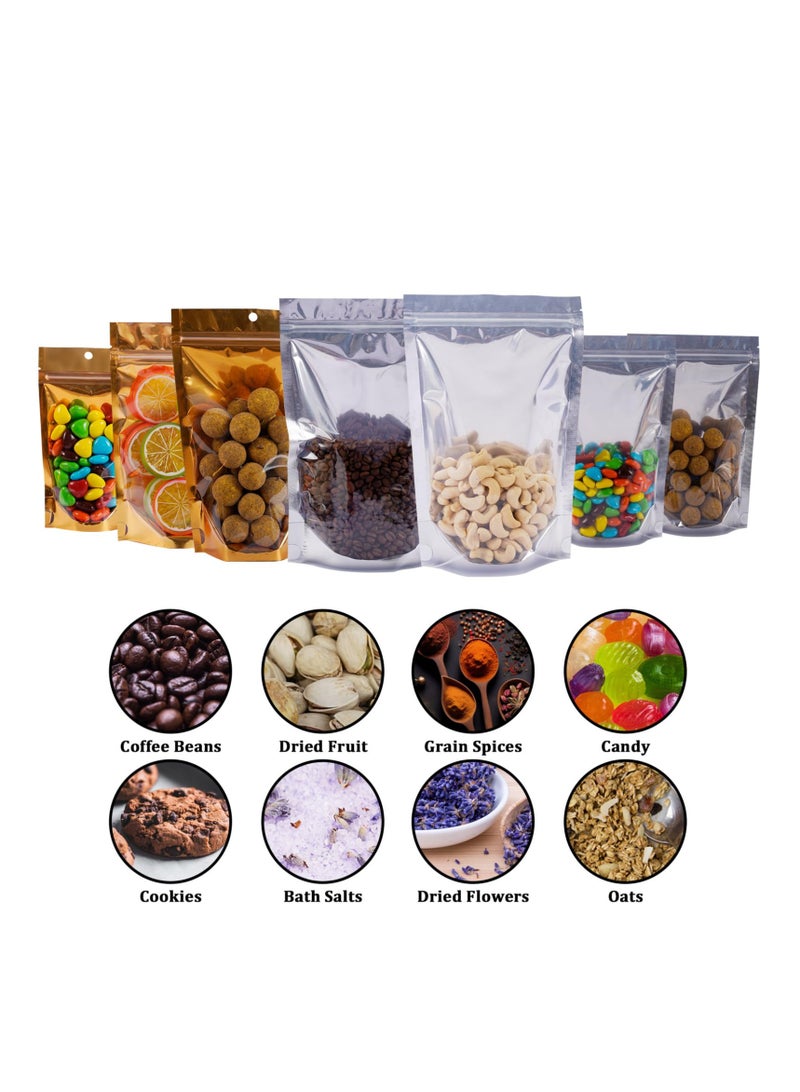 SOLARAE 100 عبوة أكياس مايلار لتخزين الطعام، أكياس ألمنيوم قابلة لإعادة الإغلاق، مع نافذة وثقب للتعليق، أكياس تعبئة طعام قابلة لإعادة الاستخدام مع قفل سحاب للتغليف الحراري للأعمال الصغيرة والمنزل (ذهبي) - Image 5