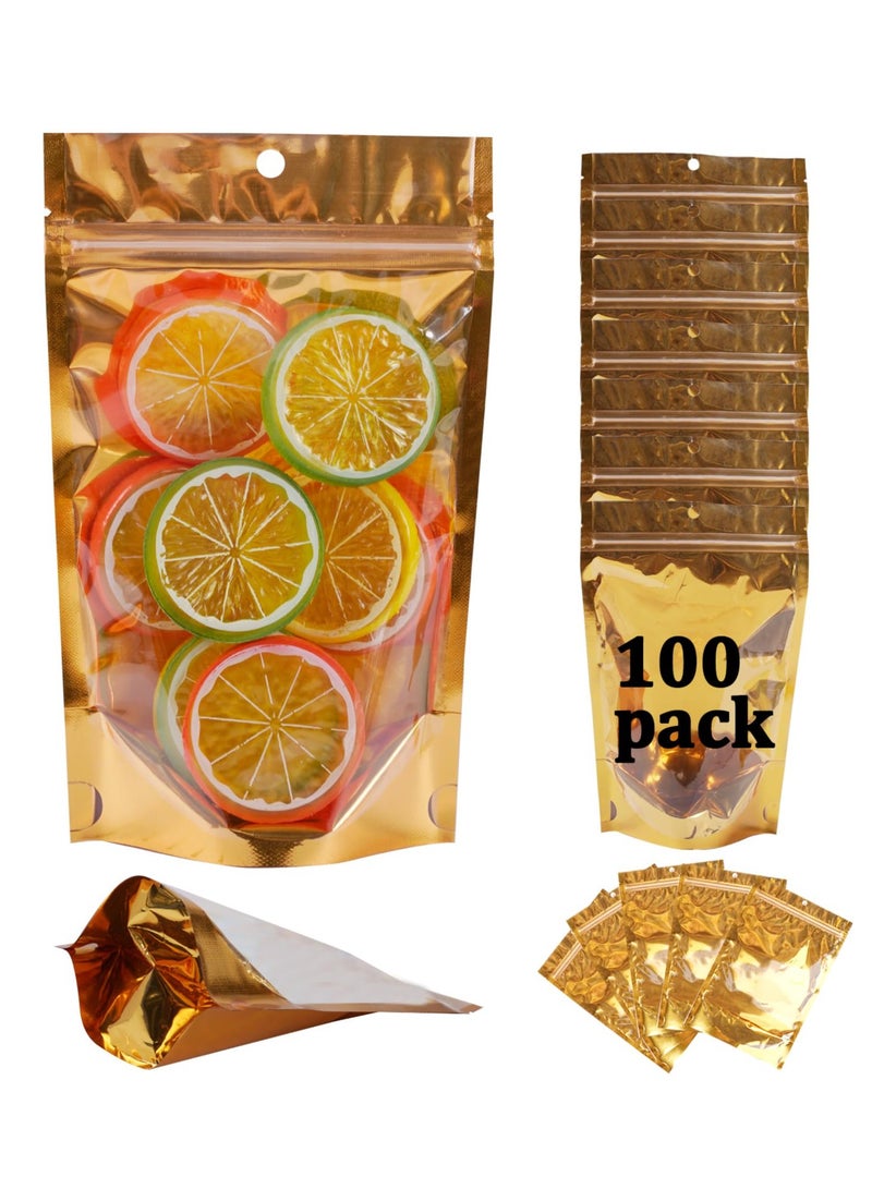 SOLARAE 100 عبوة أكياس مايلار لتخزين الطعام، أكياس ألمنيوم قابلة لإعادة الإغلاق، مع نافذة وثقب للتعليق، أكياس تعبئة طعام قابلة لإعادة الاستخدام مع قفل سحاب للتغليف الحراري للأعمال الصغيرة والمنزل (ذهبي) - Image 1