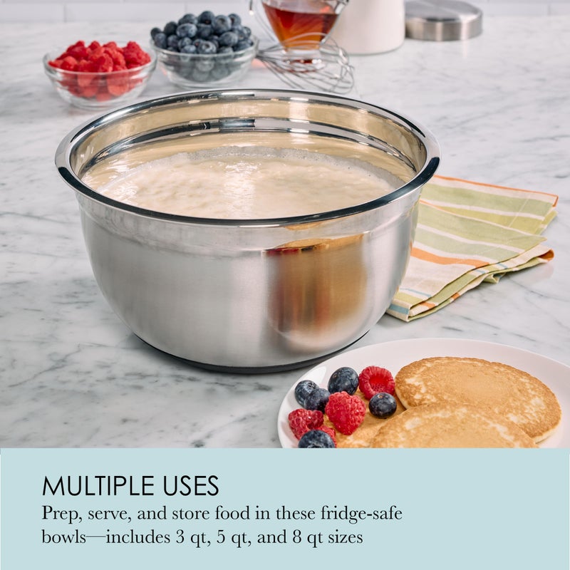 Chicago Metallic Stainless Steel Soft Base Bowls, Versatile Nesting Mixing Bowls for Every Kitchen Task, Set of 3 - Image 4