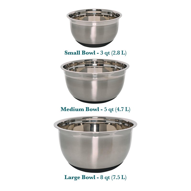 Chicago Metallic Stainless Steel Soft Base Bowls, Versatile Nesting Mixing Bowls for Every Kitchen Task, Set of 3 - Image 2
