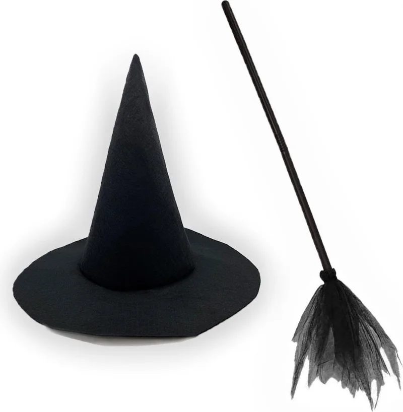 Masho Trend Black Witch Hat + Broom Halloween Hat - Halloween Hat - Witch Broom