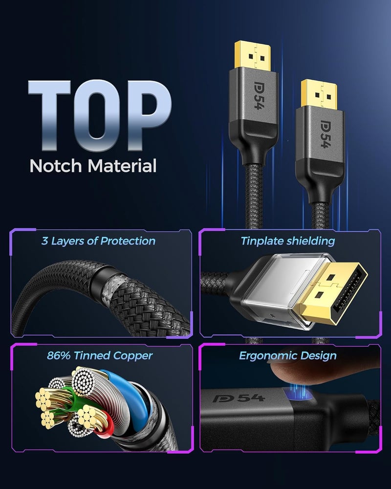 سيلكلاند كابل DisplayPort 2.1 من Silkland بسرعة 54 جيجابت في الثانية، طوله 3 متر [معتمد من VESA]، دعم للتقنيات 8K@120Hz، 4K@540Hz/360Hz/240Hz، HDR10، DSC 1.2a، FreeSync، G-Sync، مناسب لشاشات الألعاب وبطاقات الرسومية مثل 5090 و 7900XTX. - Image 2