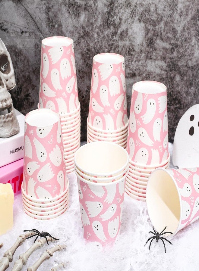 Whaline 50Pcs Halloween Ghost Paper Cups Cute Pink White Ghost Disposable Cups Halloween Party Cups for Cold Hot Coffee Drink Table Decor Supplies, 9 Oz - Image 3