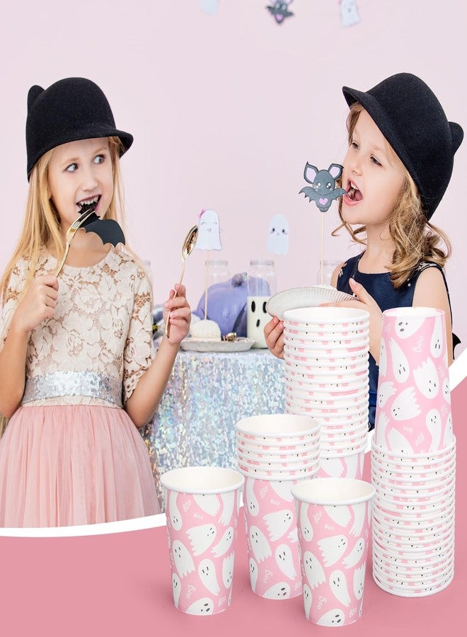 Whaline 50Pcs Halloween Ghost Paper Cups Cute Pink White Ghost Disposable Cups Halloween Party Cups for Cold Hot Coffee Drink Table Decor Supplies, 9 Oz - Image 5