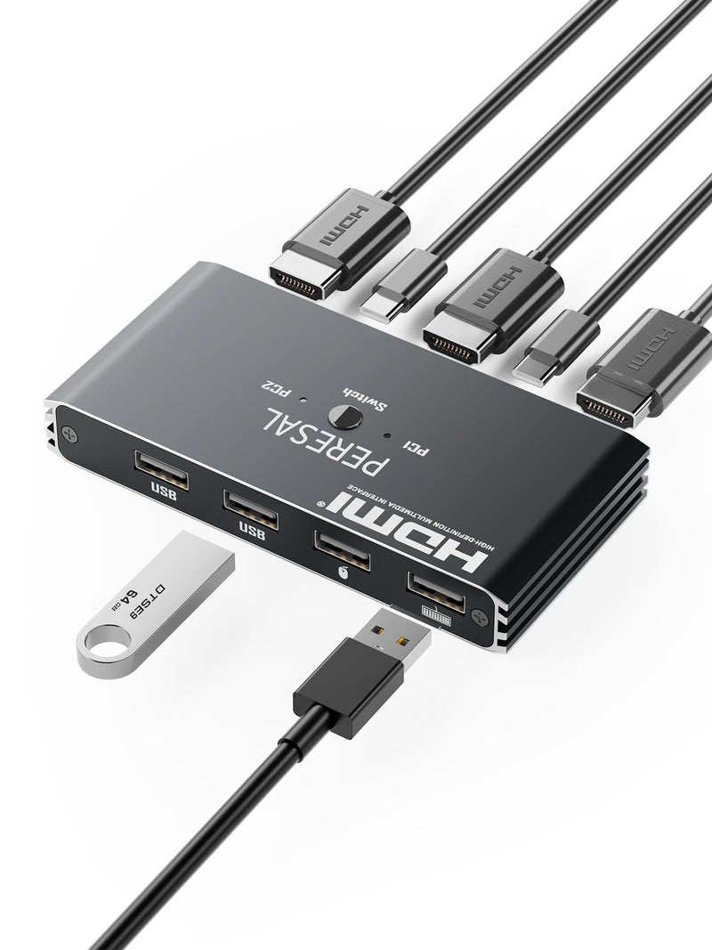 PERESAL USB KVM Switch, KVM Switch 1 Monitors 2 Computers, HDMI Switch, 4K@60Hz KVM Switches for 2 Computers Sharing 1 Monitor, 4 USB Devices Such as Keyboard, Mouse, Printer, Scanner - Image 1