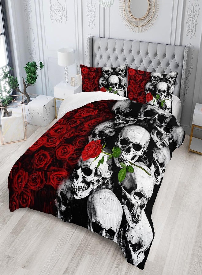 Tuzaovy Skull Bedding Set King Size,Goth Bedding Sets King with Comforter,Skull Comforter Set,Rose Comforter Halloween Skull Bed Comforter,Red Comforter Black Bedding Skull Quilt - Image 2
