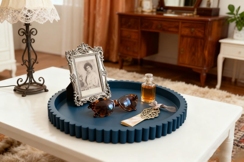 KULEDM Handmade 12in Decorative Tray for Coffee Table Tray Decor, Blue Wooden Decorative Round Tray for Kitchen, Living Room, Home Decor - Image 5
