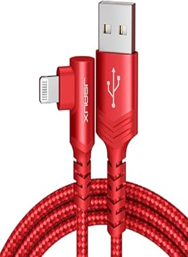 Jsaux flex series cable - mfi usb-A- to lightining cable - 3a pd right angle (90 degree) fast charging durable nylon braided cable, 1.2m red