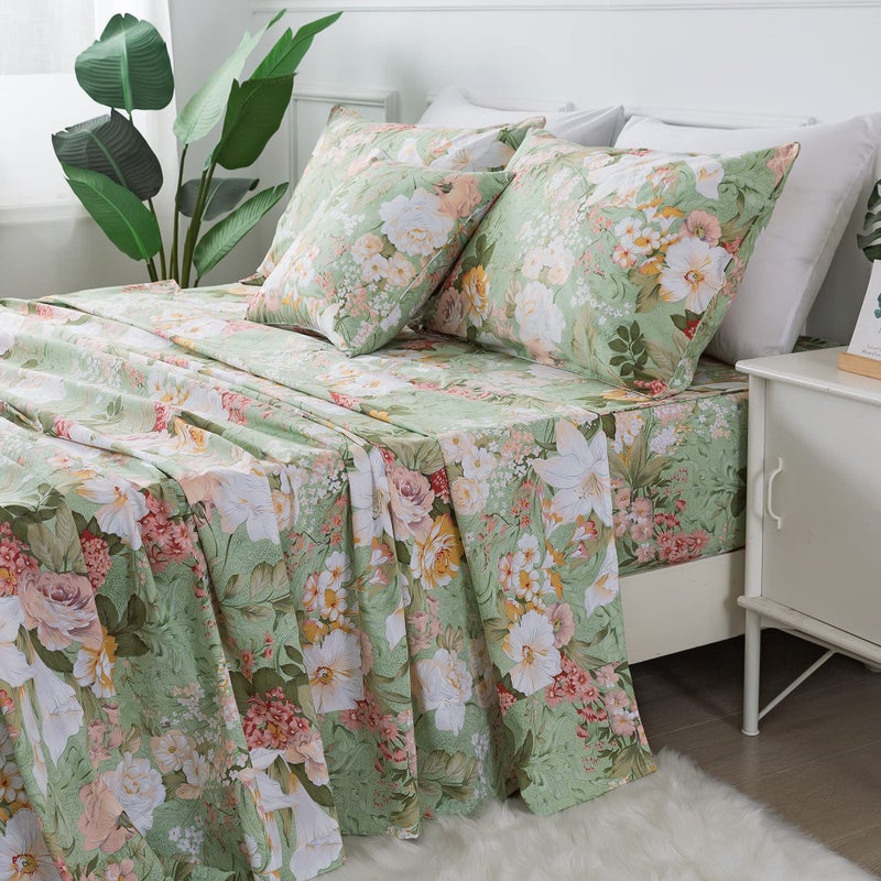 FADFAY Sheets Set King Floral Sheets 100% Cotton Elegant Farmhouse Bedding Mint Green Leaves and White Flower Printed Bed Sheet Soft Botanical Lily Pattern Deep Pocket Sheet 17.5'' 4 Pcs, King - Image 1