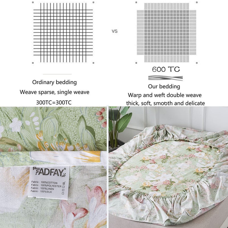 FADFAY Sheets Set King Floral Sheets 100% Cotton Elegant Farmhouse Bedding Mint Green Leaves and White Flower Printed Bed Sheet Soft Botanical Lily Pattern Deep Pocket Sheet 17.5'' 4 Pcs, King - Image 3