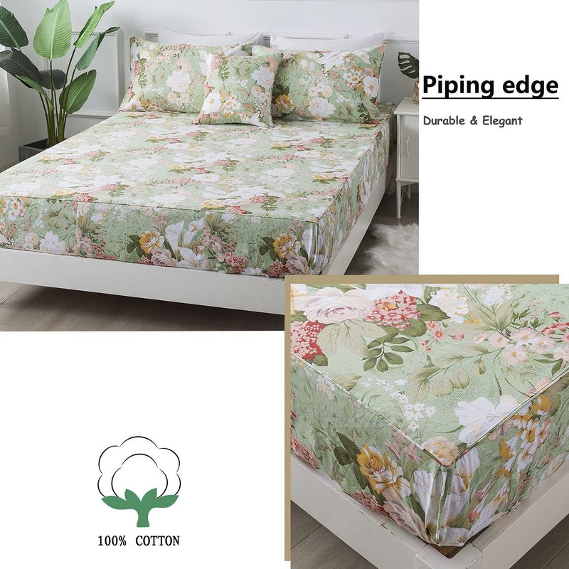 FADFAY Sheets Set King Floral Sheets 100% Cotton Elegant Farmhouse Bedding Mint Green Leaves and White Flower Printed Bed Sheet Soft Botanical Lily Pattern Deep Pocket Sheet 17.5'' 4 Pcs, King - Image 4