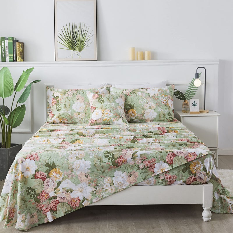 FADFAY Sheets Set King Floral Sheets 100% Cotton Elegant Farmhouse Bedding Mint Green Leaves and White Flower Printed Bed Sheet Soft Botanical Lily Pattern Deep Pocket Sheet 17.5'' 4 Pcs, King - Image 2