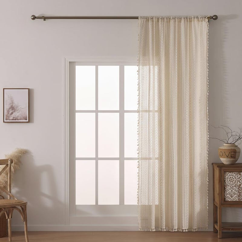 WAZZIO Boho Lace Curtains 84 Inches Long - Beige Geometric Striped Crochet Sheer Privacy Panel Tassel Trim Rod Pocket Vintage Bohemian Drape for Living Room & Bedroom (1 Panel, W59 x L84) - Image 4